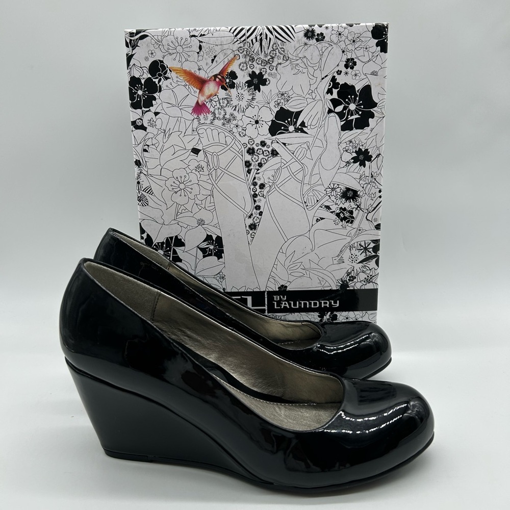 CL by Laundry Black Patent Wedge Heels Size 8.5 Man-Made Upper New With Box - Picture 12 of 12